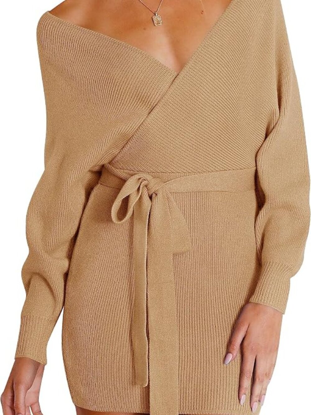 NWT - ZESICA Batwing Sleeve Wrap V Neck Knit Bodycon Dress, Size M